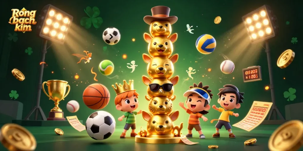 Bet on Rong bach kim with vibrant sports elements and a dynamic totem pole illustration.