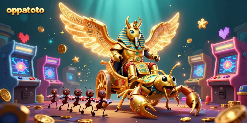 Join oppatoto's adventure with a colossal golden scarab in a vibrant 3D casino scene.