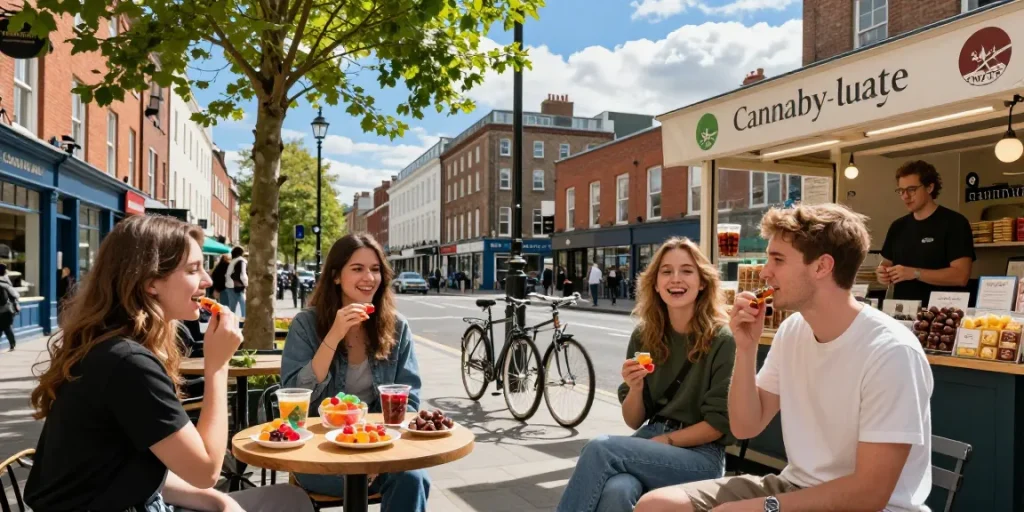Where Can I Get Top Quality Edibles In Dublin? Friends enjoying colorful THC-infused gummies in a vibrant Dublin café setting.