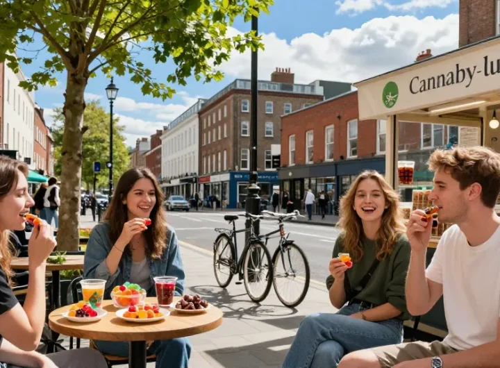 Where Can I Get Top Quality Edibles In Dublin? Friends enjoying colorful THC-infused gummies in a vibrant Dublin café setting.