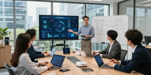 Use of IoT in business demonstrated through a team collaborating in a modern office space, showcasing smart devices and data analytics.