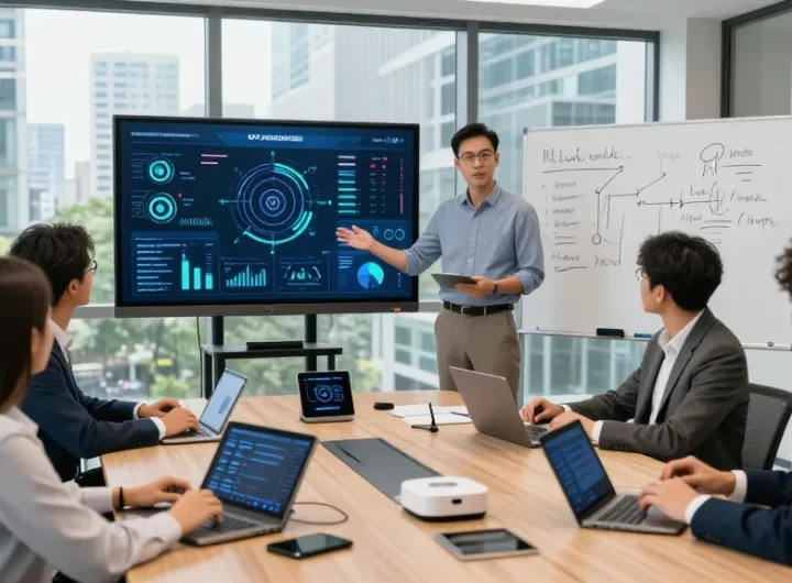 Use of IoT in business demonstrated through a team collaborating in a modern office space, showcasing smart devices and data analytics.