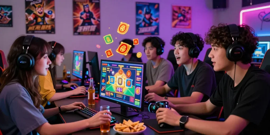 Friends enjoying Fa Cai Shen slot game in a lively gaming atmosphere with neon lights and colorful virtual themes.