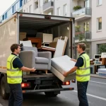 Sperrmüllabholung 80 Euro Berlin service with professionals loading old furniture into a truck in an urban setting, showcasing reliable waste collection.