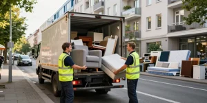 Sperrmüllabholung 80 Euro Berlin service with professionals loading old furniture into a truck in an urban setting, showcasing reliable waste collection.