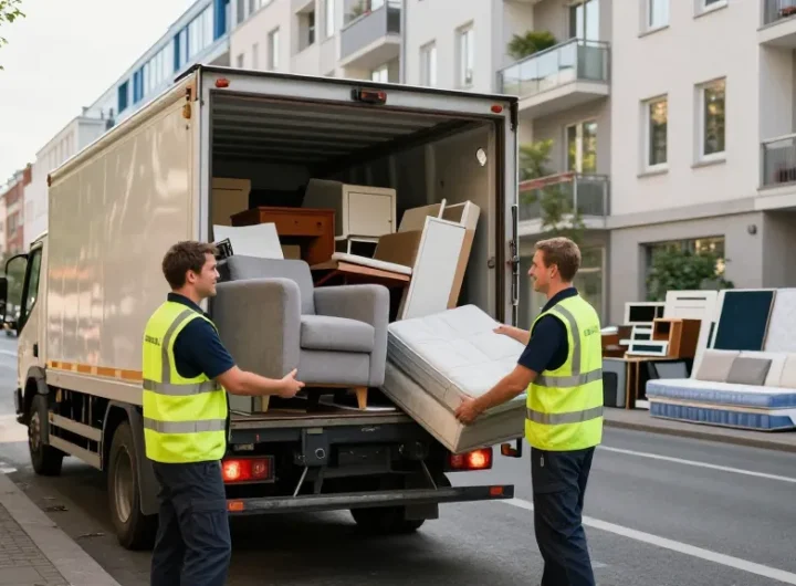 Sperrmüllabholung 80 Euro Berlin service with professionals loading old furniture into a truck in an urban setting, showcasing reliable waste collection.