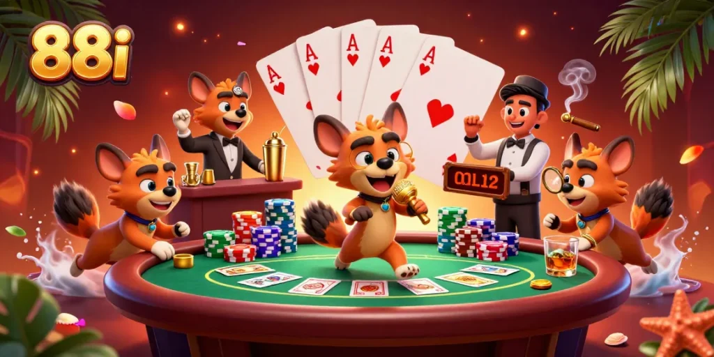 88i hyenas run a comedy casino club scene with poker elements and vibrant colors.