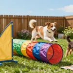 Playful dogs enjoying agility training at the NAGA2000 pet playhouse.