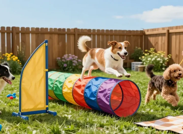 Playful dogs enjoying agility training at the NAGA2000 pet playhouse.