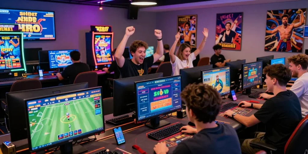 Engaged players at https://shbet.cruises/ celebrating online gaming victories in a vibrant atmosphere.
