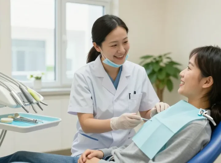 Dentist and patient in a welcoming clinic, discover more here about healthy smiles.