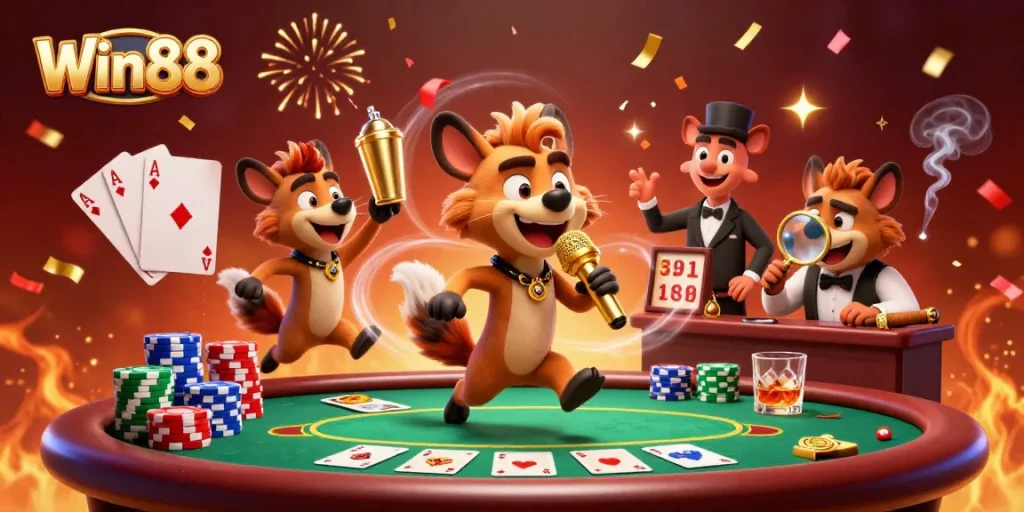 Experience the excitement of Win88 with lively hyenas in a vibrant casino scene.