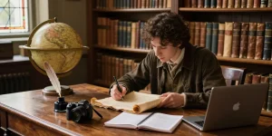 A person exploring historical content at https://tyntescastle.com in a cozy library filled with ancient texts and warm sunlight.