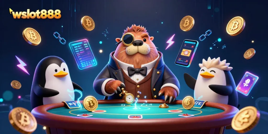 wslot888 bermain poker di bawah laut dengan walrus bergaya dan dealer penguin.