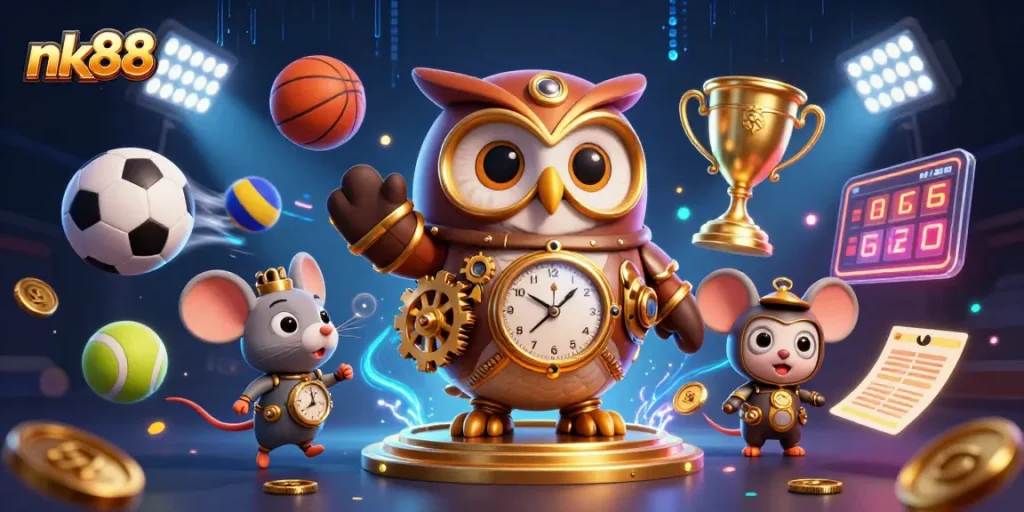 Join the thrilling action at nk88, as the time-traveling owl ventures through a fantasy casino filled with sports excitement.