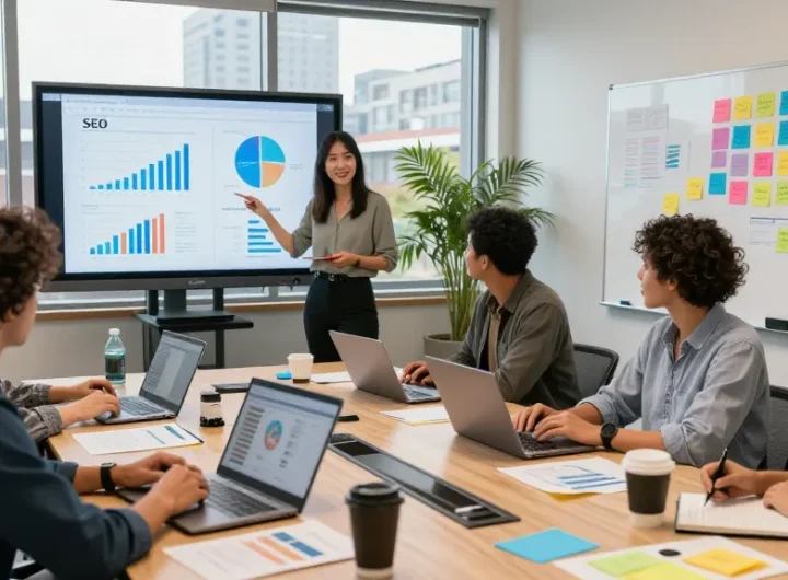 Spokane marketing team brainstorming digital strategies in a modern office