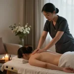 서울출장마사지 therapy session in a cozy living room with soft lighting and relaxing decor.