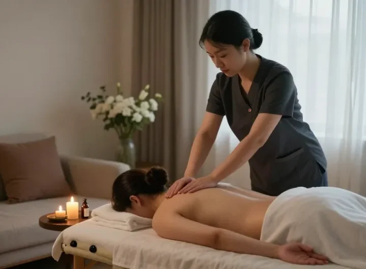 서울출장마사지 therapy session in a cozy living room with soft lighting and relaxing decor.