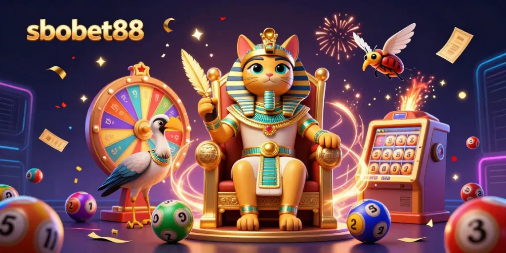 Experience exciting gaming at sbobet88 with vibrant elements including a pharaoh cat and dynamic lottery balls.