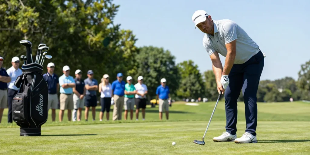 Ulasan putter di https://puttperfection.com/putter-reviews oleh pemain golf di lapangan hijau dengan fokus tinggi.