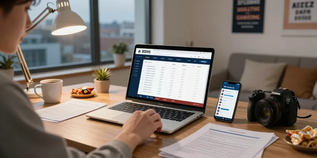 Assessing 토토사이트 options in a well-organized home office, highlighting security features and user reviews.