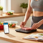 Creating a healthy meal with the best macro tracking app in a bright kitchen.