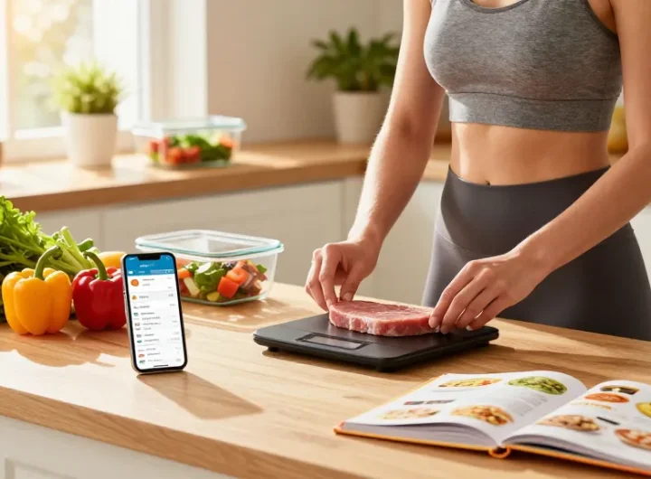 Creating a healthy meal with the best macro tracking app in a bright kitchen.