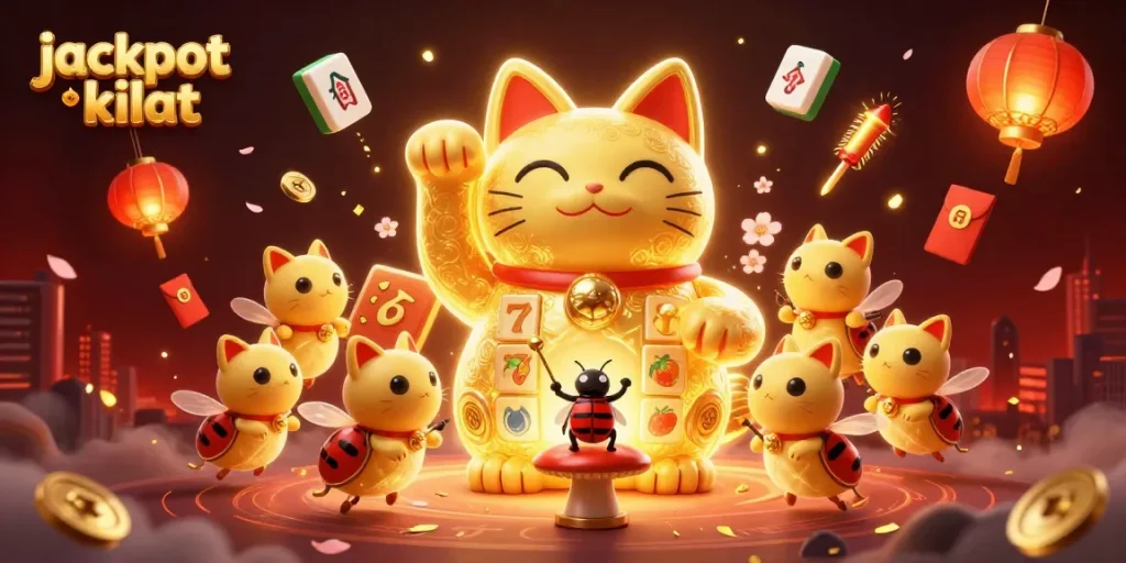 Experience jackpot kilat excitement with vibrant, dynamic symbols and golden fireflies in a colorful casino illustration.