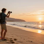 Capture of a traveler enjoying sunset beach views, click here for breathtaking travel experiences.