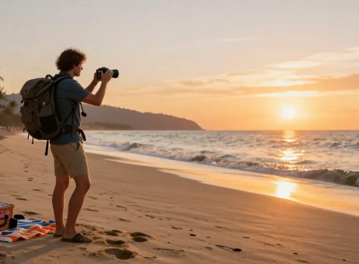 Capture of a traveler enjoying sunset beach views, click here for breathtaking travel experiences.