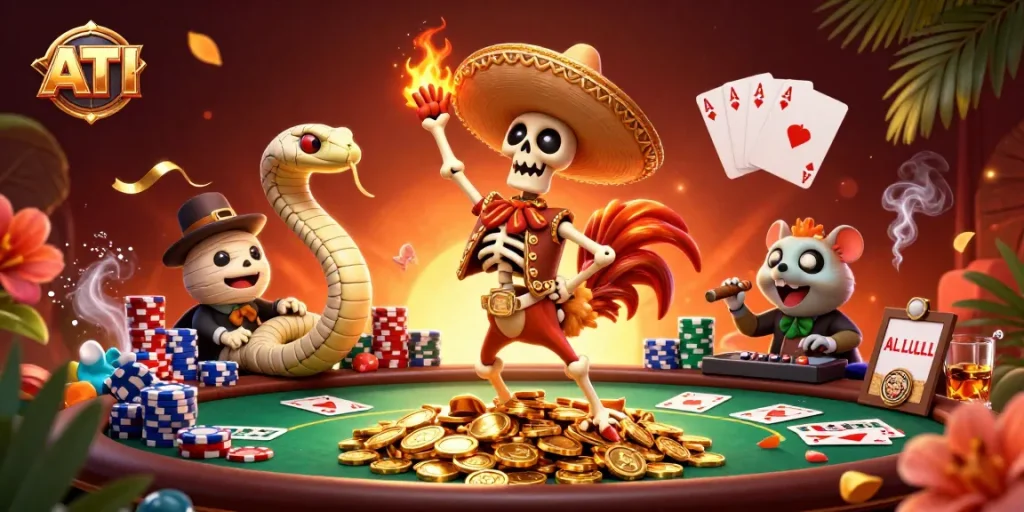 Experience thrilling excitement with ATI as cartoon characters dance in a vibrant casino setting.