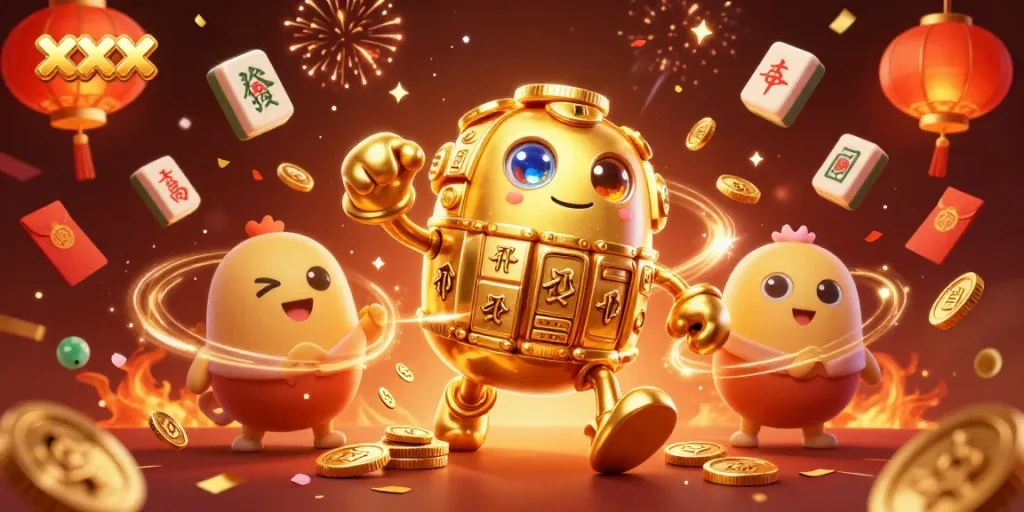 Play slots with the enchanting golden golem, rich elements shining in a festive scene.