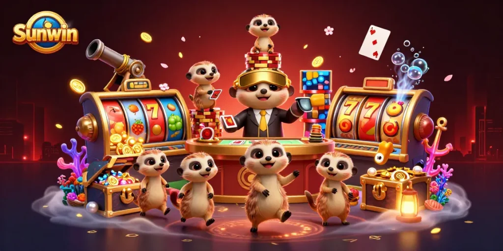 Sunwin casino scene showcasing meerkats as dealers and a pit boss, surrounded by vibrant slot game elements.