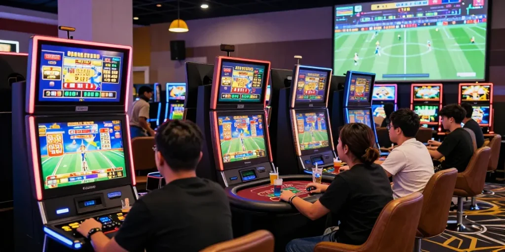 Players enjoying various gaming experiences at raja328 situs in vibrant casino.