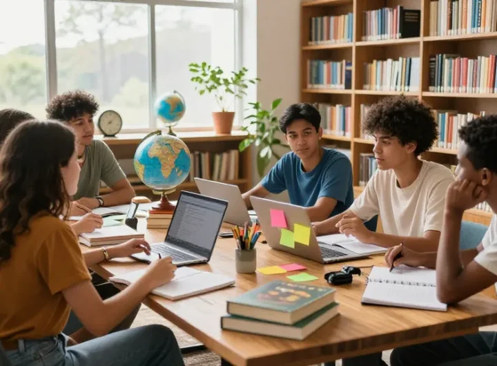 Group of students studying together for the 2026 nabteb runz in a bright library.
